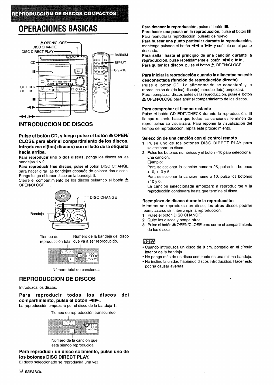Operaciones basicas, Introduccion de discos, Reproduccion de discos | Para comprobar el tiempo restante, Selección de una canción con el control remoto, Reemplazo de discos durante la reproducción, Disc | Aiwa CX-NV8000 User Manual | Page 34 / 76