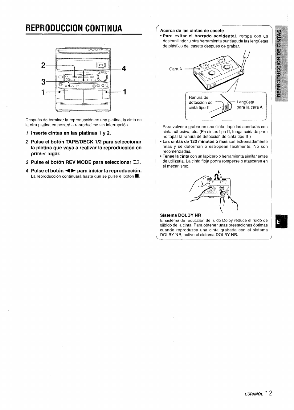 Reproduccion continua, 1 inserte cintas en las platinas 1 y 2, 3 pulse el botón rev mode para seleccionar i") | 4 puiseel botón para iniciar la reproducción | Aiwa CX-NV8000 User Manual | Page 37 / 76