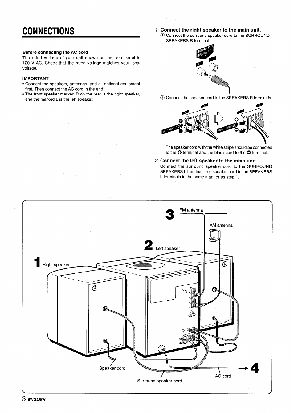Connections, Before connecting the ac cord, Important | 1 connect the right speaker to the main unit, 2 connect the ieft speaker to the main unit | Aiwa CX-NV8000 User Manual | Page 4 / 76