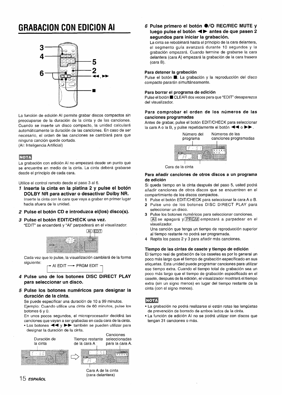 Grabacion con edicion al, Para detener la grabación, Para borrar el programa de edición | Tiempo de las cintas de casete y tiempo de edición, Grabacion con edicion al 5 2, Fatifeürr) i i | Aiwa CX-NV8000 User Manual | Page 40 / 76