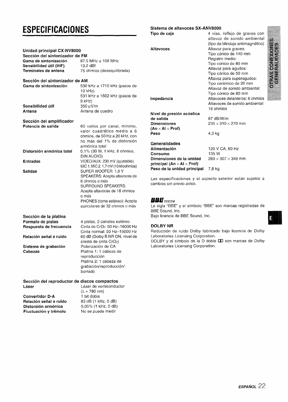 Especificaciones, O cl | Aiwa CX-NV8000 User Manual | Page 47 / 76