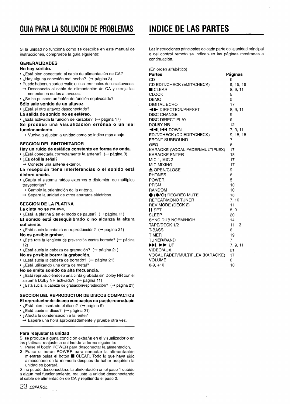 Generalidades no hay sonido, Seccion del sintonizador, Seccion de la platina la cinta no se mueve | Para reajustar la unidad | Aiwa CX-NV8000 User Manual | Page 48 / 76