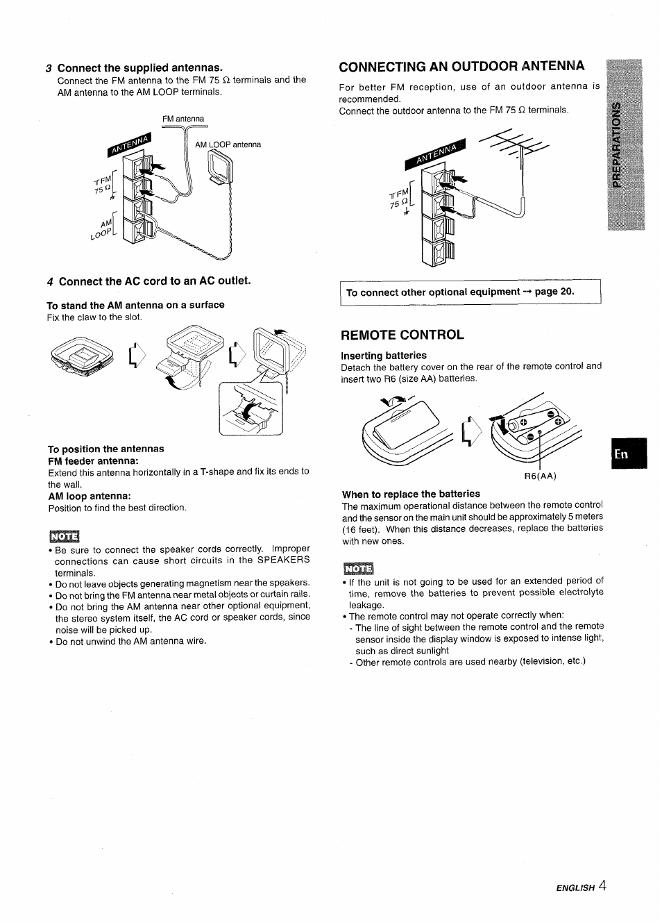3 connect the supplied antennas, 4 connect the ac cord to an ac outlet, To stand the am antenna on a surface | To position the antennas fm feeder antenna, Connecting an outdoor antenna, Remote control, When to replace the batteries | Aiwa CX-NV8000 User Manual | Page 5 / 76
