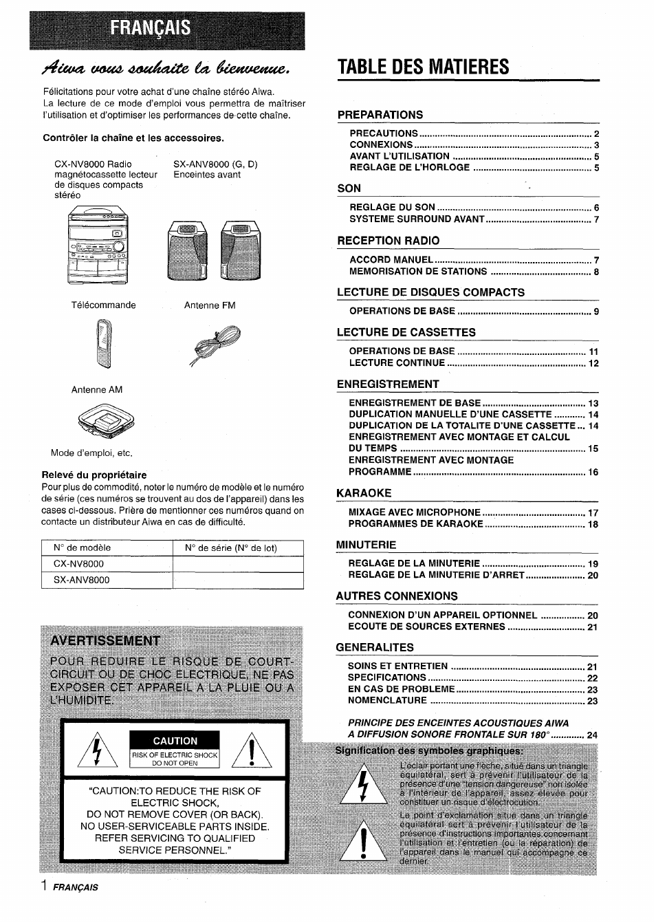 Table des matieres, Wiuâ> 4m(^zùte ùz 6cewaehu, Jïifciîibji^^ÿitepwisisîî | Avertissement | Aiwa CX-NV8000 User Manual | Page 50 / 76