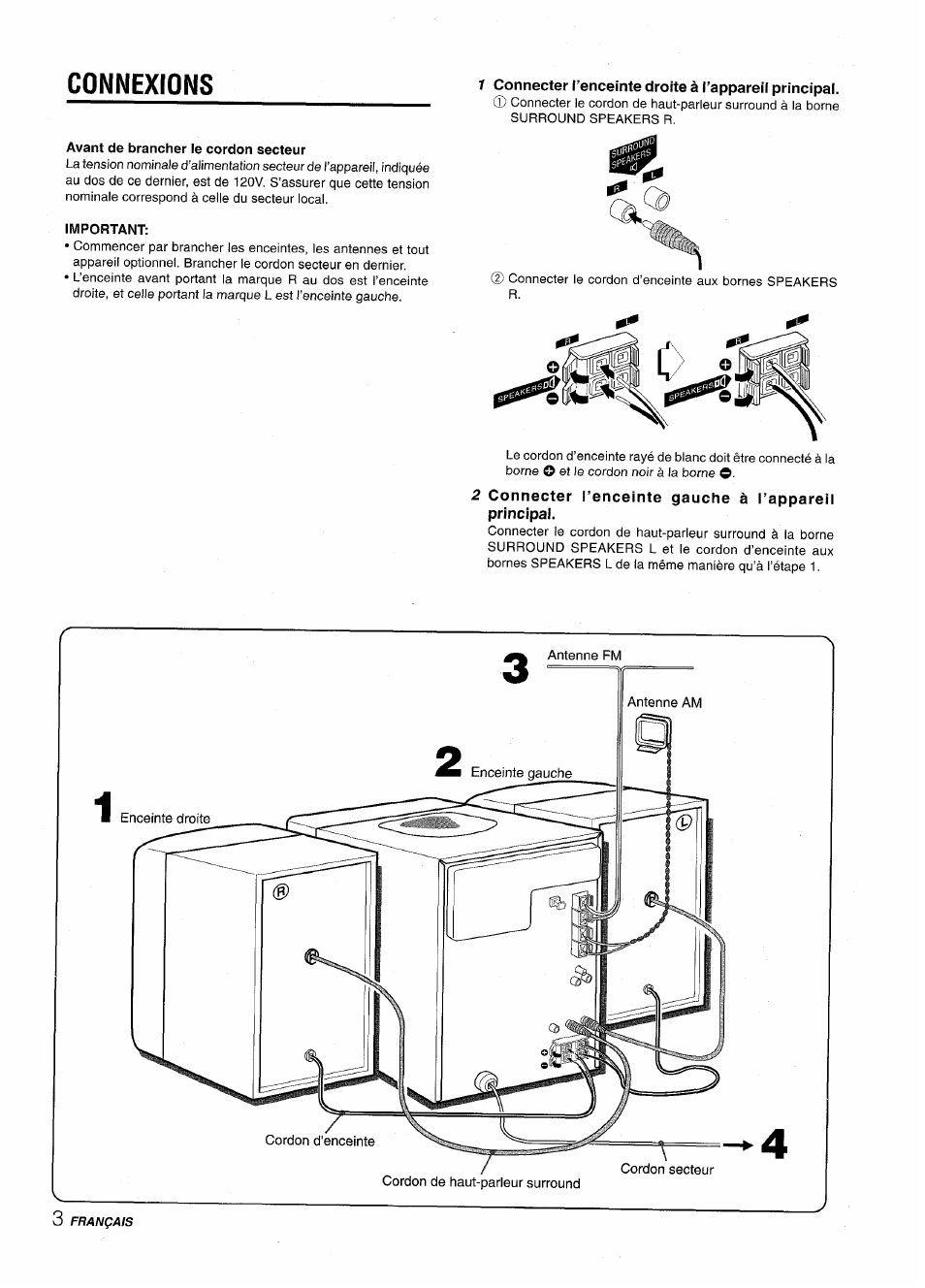 Avant de brancher le cordon secteur, Important, Connexions | Aiwa CX-NV8000 User Manual | Page 52 / 76