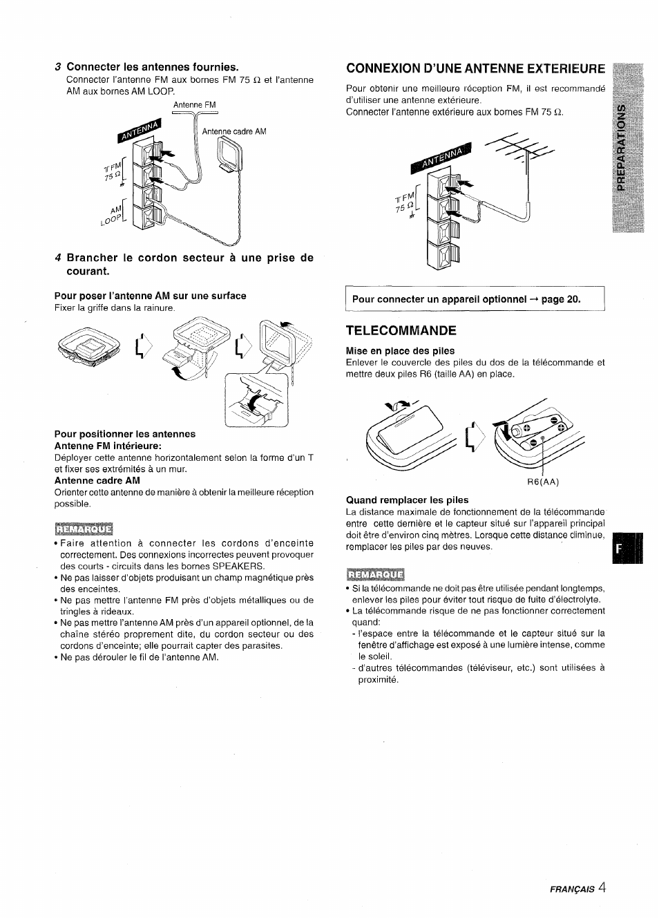 3 connecter les antennes fournies, Pour poser l’antenne am sur une surface, Connexion d’une antenne exterieure | Telecommande, Mise en place des plies, Quand remplacer les piles | Aiwa CX-NV8000 User Manual | Page 53 / 76