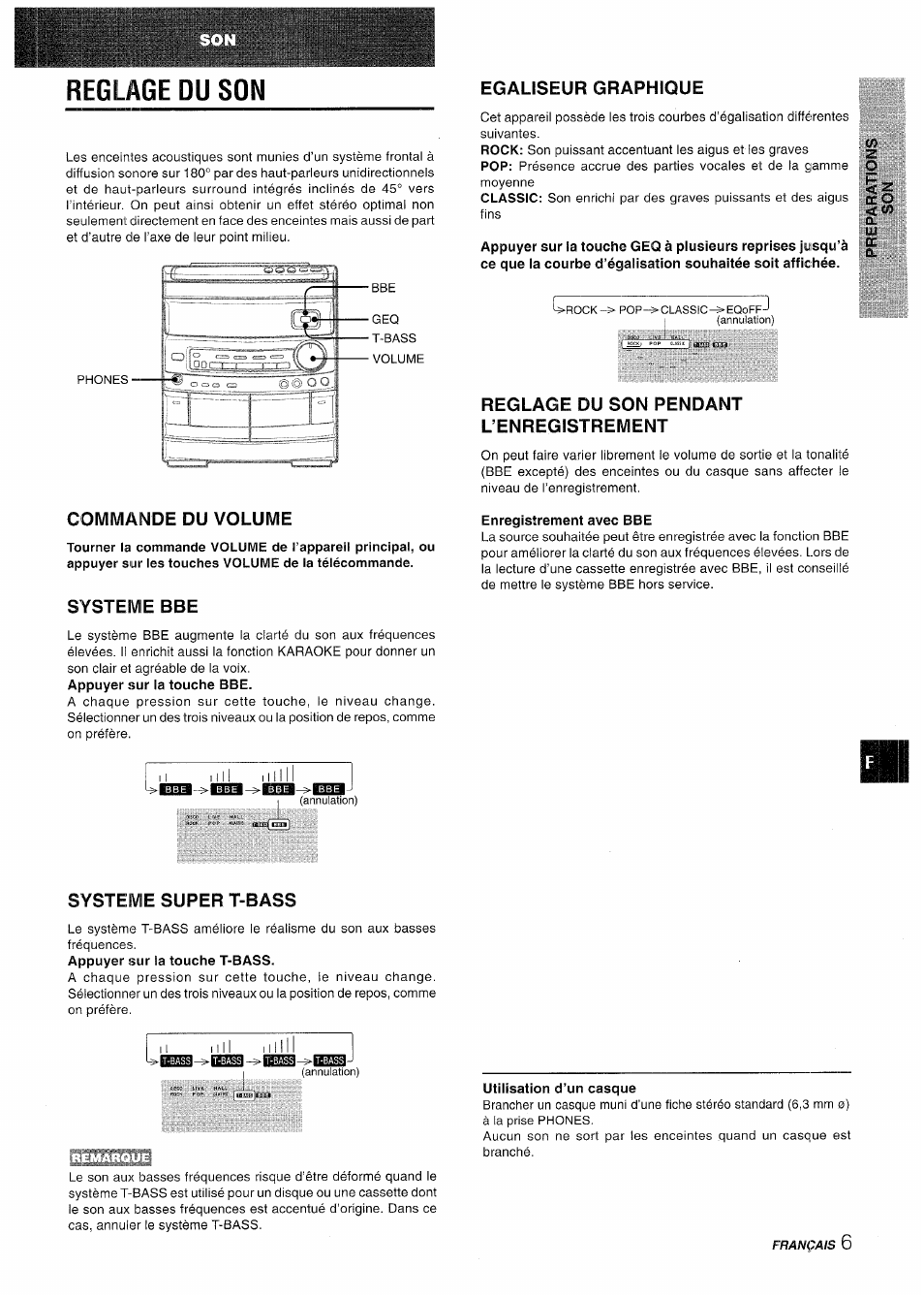 Commande du volume, Systeme bbe, Egaliseur graphique | Reglage du son pendant l’enregistrement, Enregistrement avec bbe, Systeme super t-bass, Reglage du son | Aiwa CX-NV8000 User Manual | Page 55 / 76