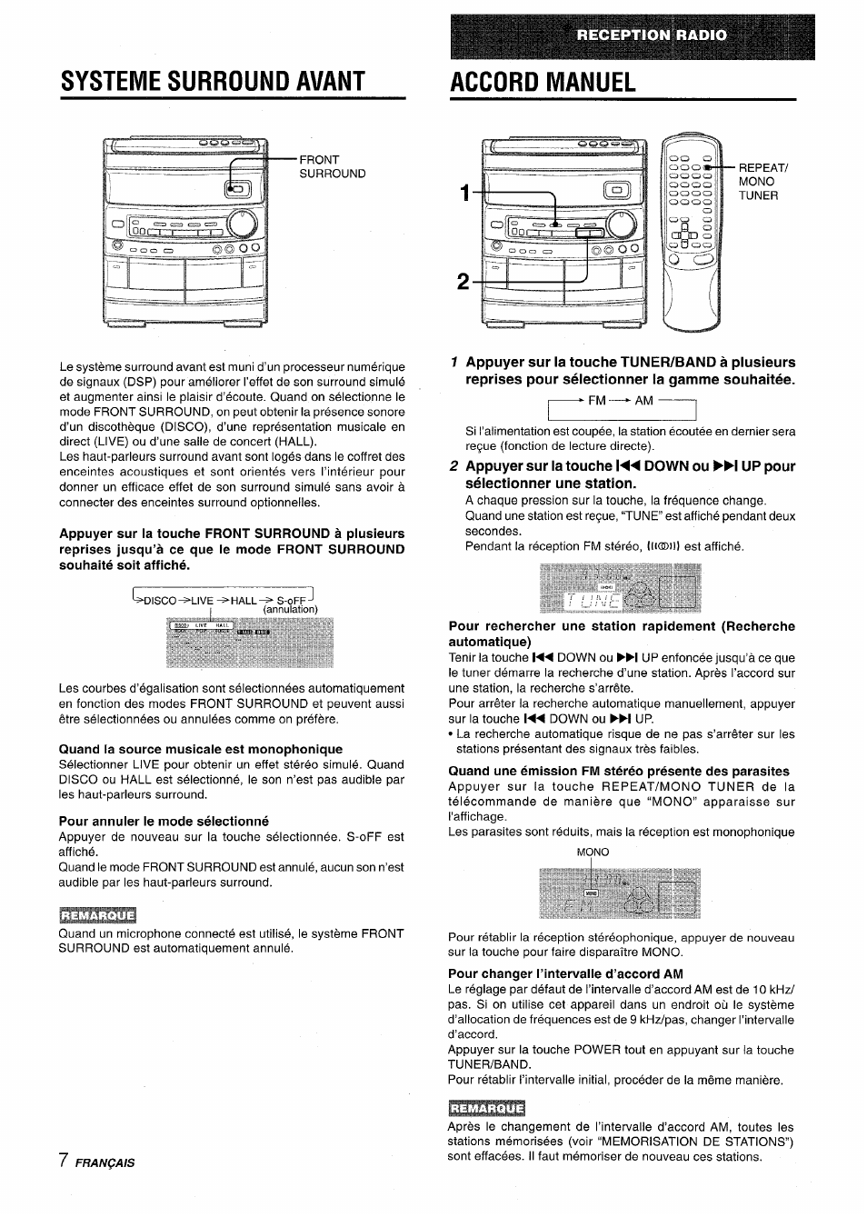 Systeme surround avant, Quand la source musicale est monophonique, Pour annuler le mode sélectionné | Accord manuel | Aiwa CX-NV8000 User Manual | Page 56 / 76