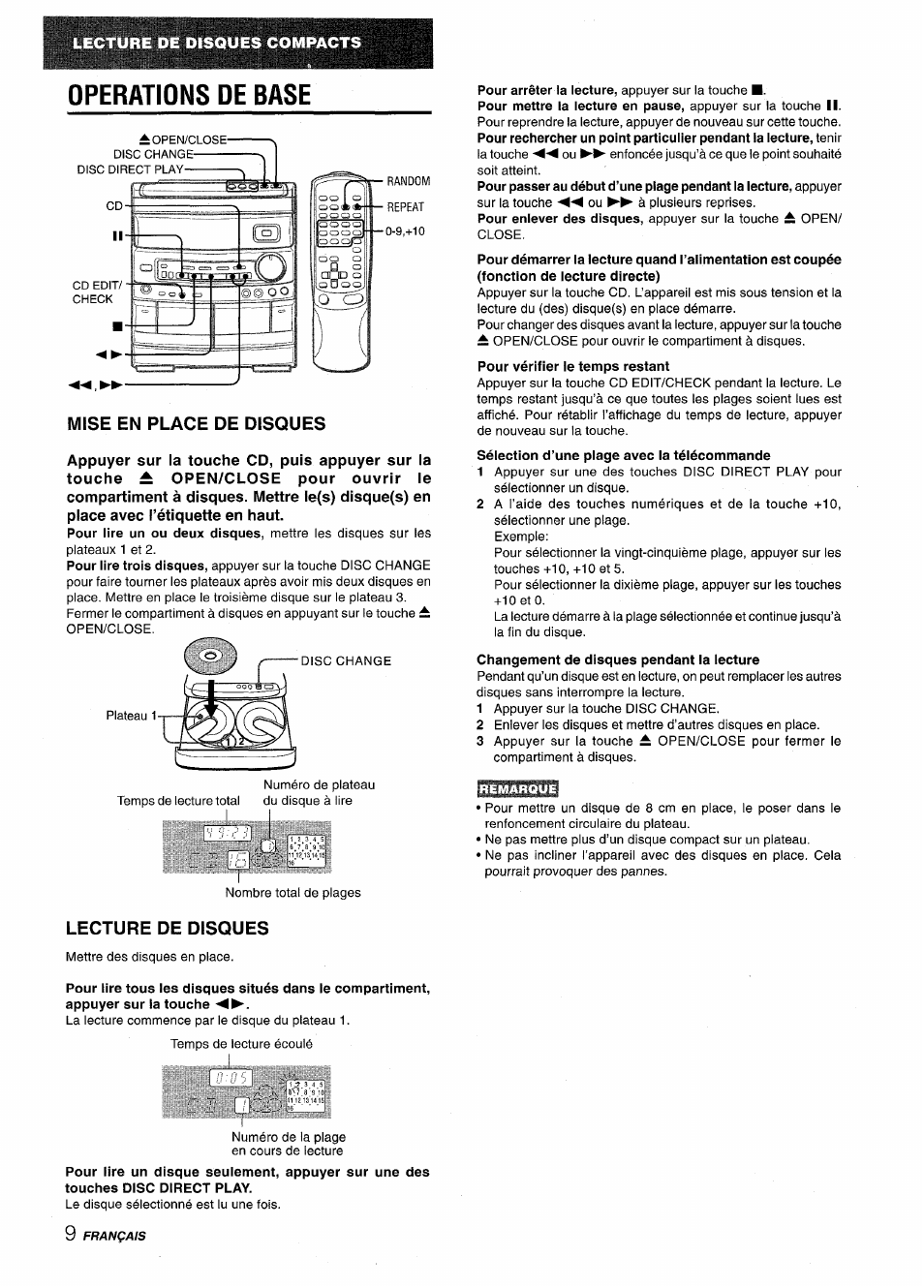 Operations oe base, Mise en place de disques, Changement de disques pendant la lecture | Lecture de disques, Operations de base | Aiwa CX-NV8000 User Manual | Page 58 / 76