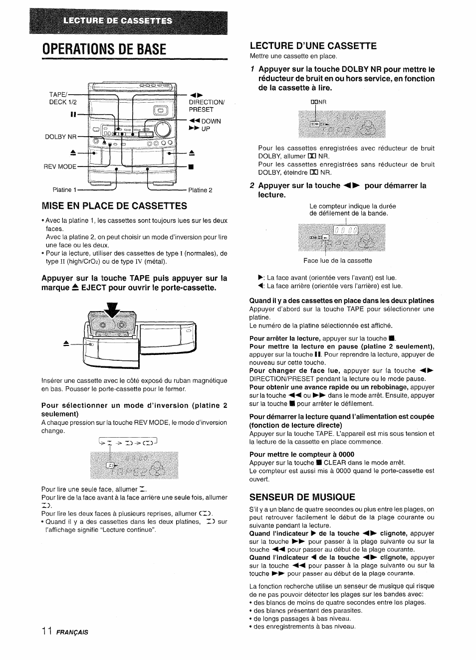 Operations de base, Mise en place de cassettes, Pour sélectionner un mode d’inversion (platine 2 | Lecture d’une cassette, 2 appuyer sur la touche pour démarrer la lecture, Senseur de musique | Aiwa CX-NV8000 User Manual | Page 60 / 76