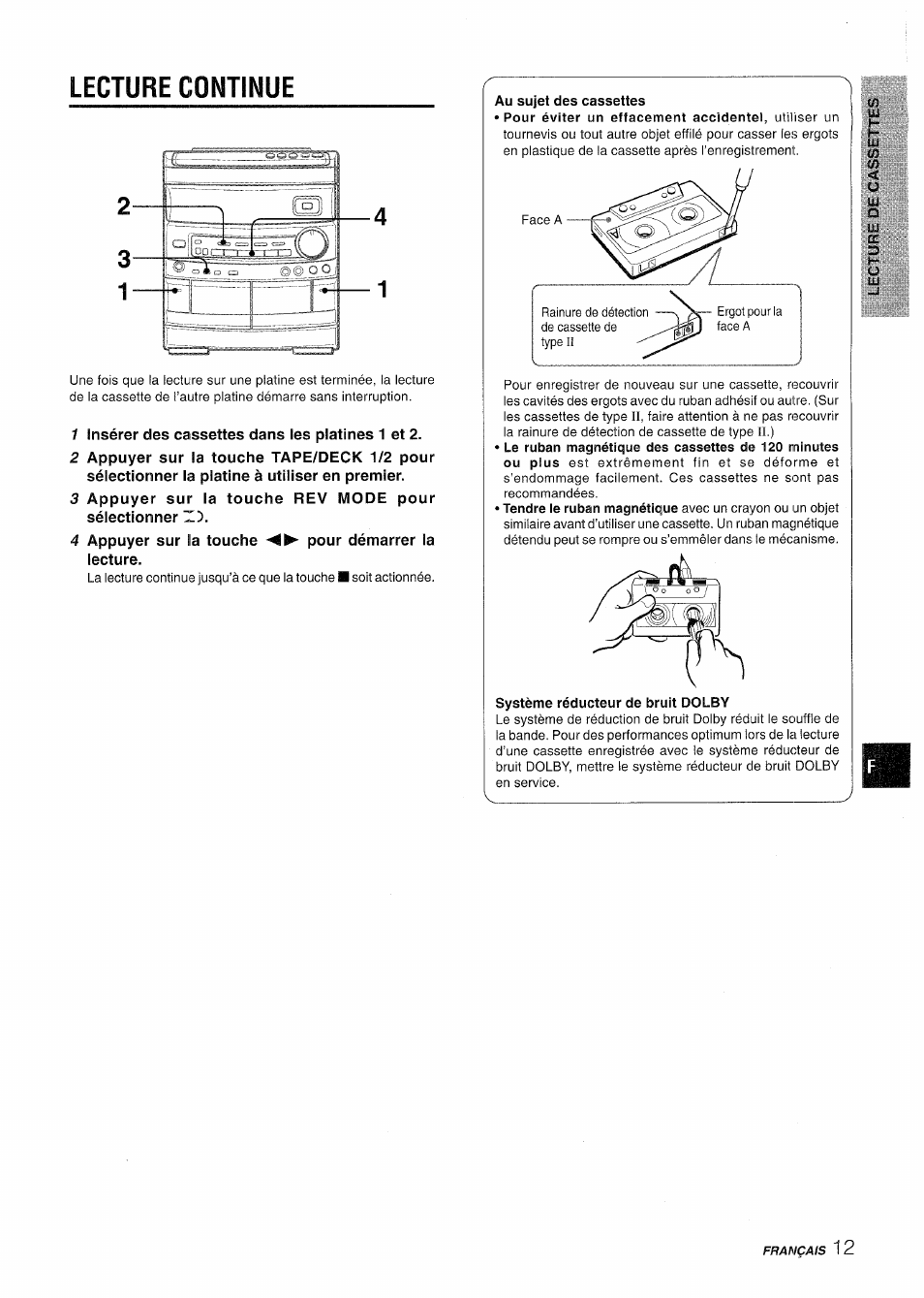 1 insérer des cassettes dans les platines 1 et 2, 4 appuyer sur la touche pour démarrer la lecture, Au sujet des cassettes | Système réducteur de bruit dolby, Lecture continue 4 1 | Aiwa CX-NV8000 User Manual | Page 61 / 76