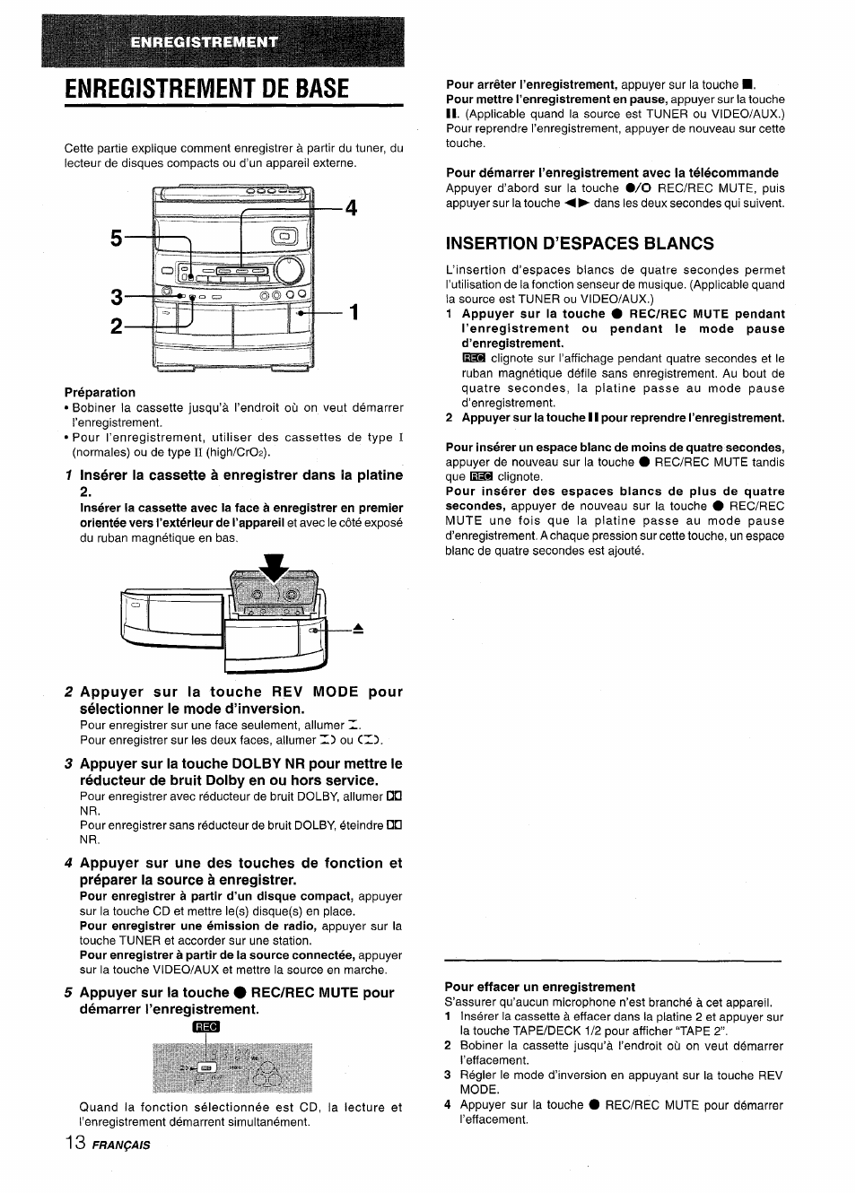 Enregistrement de base, Préparation, Insertion d’espaces blancs | Aiwa CX-NV8000 User Manual | Page 62 / 76