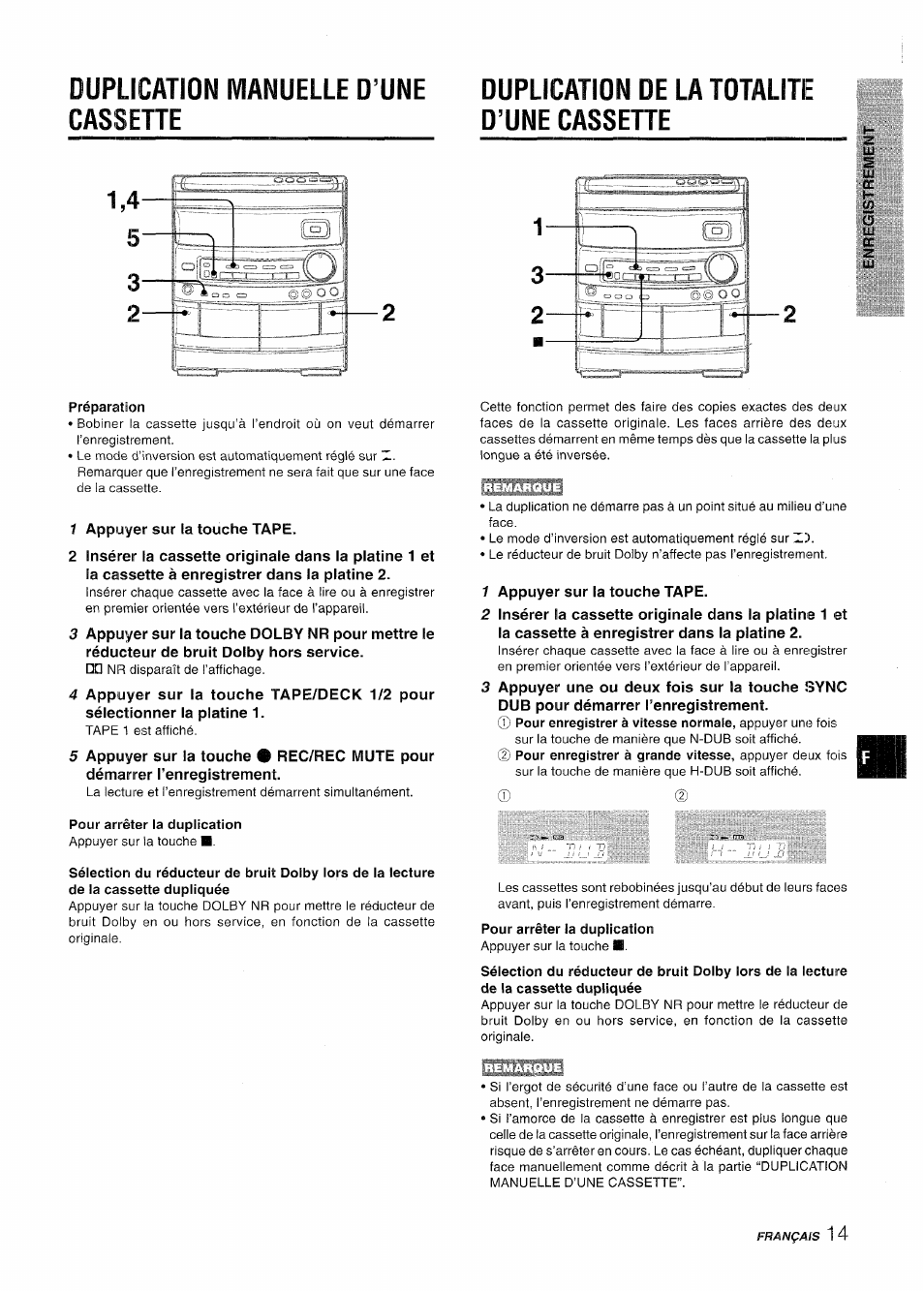 Préparation, Pour arrêter la duplication, T '.-t | Duplication ivianuelle d’une cassette 1, Duplication de la totalite d’une cassette | Aiwa CX-NV8000 User Manual | Page 63 / 76