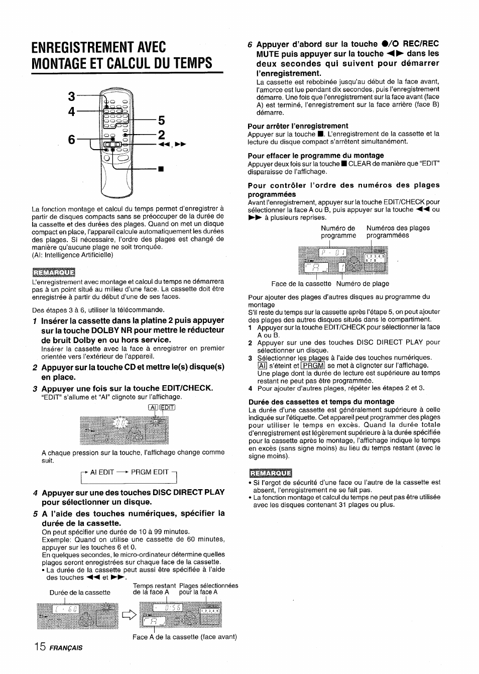 Enregistrement avec montage et calcul du temps, Durée des cassettes et temps du montage, Enregistrement avec montage et calcul du temps 5 | Aiwa CX-NV8000 User Manual | Page 64 / 76