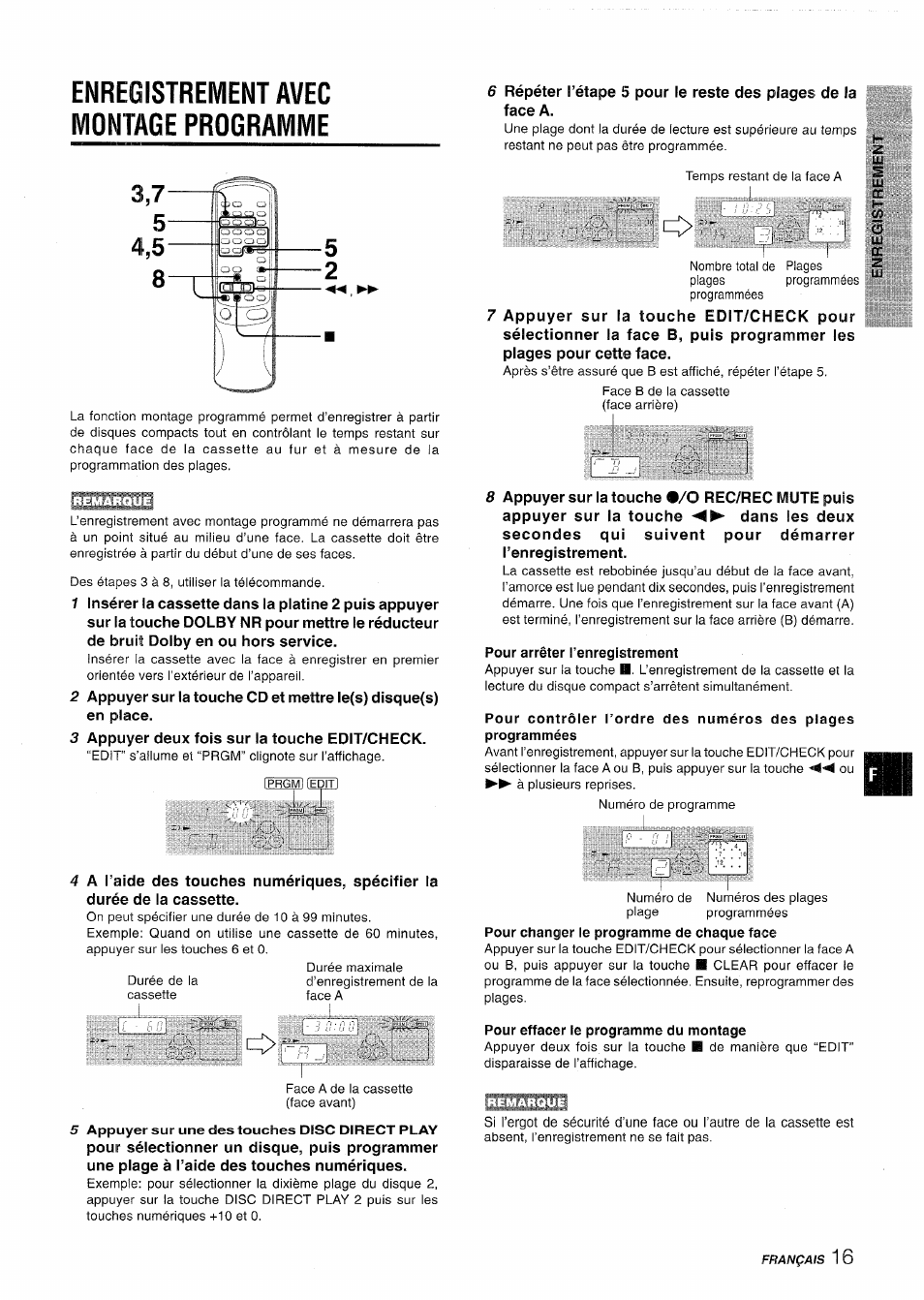Enregistrement avec montage programme, Pour arrêter l’enregistrement, Pour effacer le programme du montage | Prgm, O “"t.......... âillj | Aiwa CX-NV8000 User Manual | Page 65 / 76