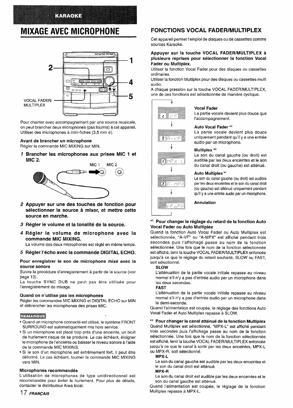 Mixage avec microphone, Avant de brancher un microphone, 3 régier le voiume et ia tonaiité de ia source | 5 régler l’écho avec la commande digital echo, Quand on n’utilise pas les microphones, Microphones recommandés, Fonctions vocal fader/multiplex, Slow, Fast, Mpx-l | Aiwa CX-NV8000 User Manual | Page 66 / 76