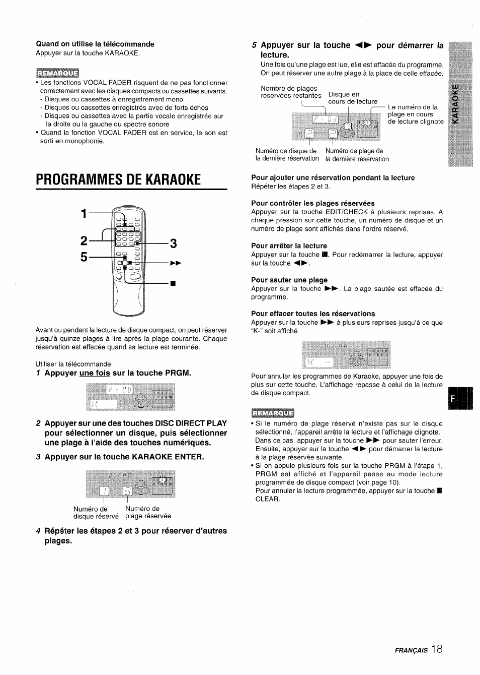 Quand on utilise la télécommande, Programmes de karaoke, 5 appuyer sur la touche pour démarrer la lecture | Pour ajouter une réservation pendant la lecture, 1 appuyer une fois sur la touche prgm, 3 appuyer sur la touche karaoke enter, Pour contrôler les plages réservées, Pour arrêter la lecture, Pour sauter une plage, Pour effacer toutes les réservations | Aiwa CX-NV8000 User Manual | Page 67 / 76