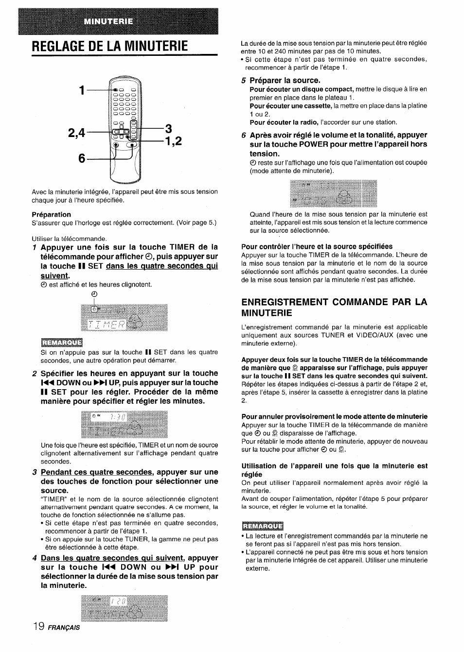 Préparation, Pour contrôler l’heure et la source spécifiées, Enregistrement commande par la minuterie | Reglage de la minuterie 3 1,2 | Aiwa CX-NV8000 User Manual | Page 68 / 76