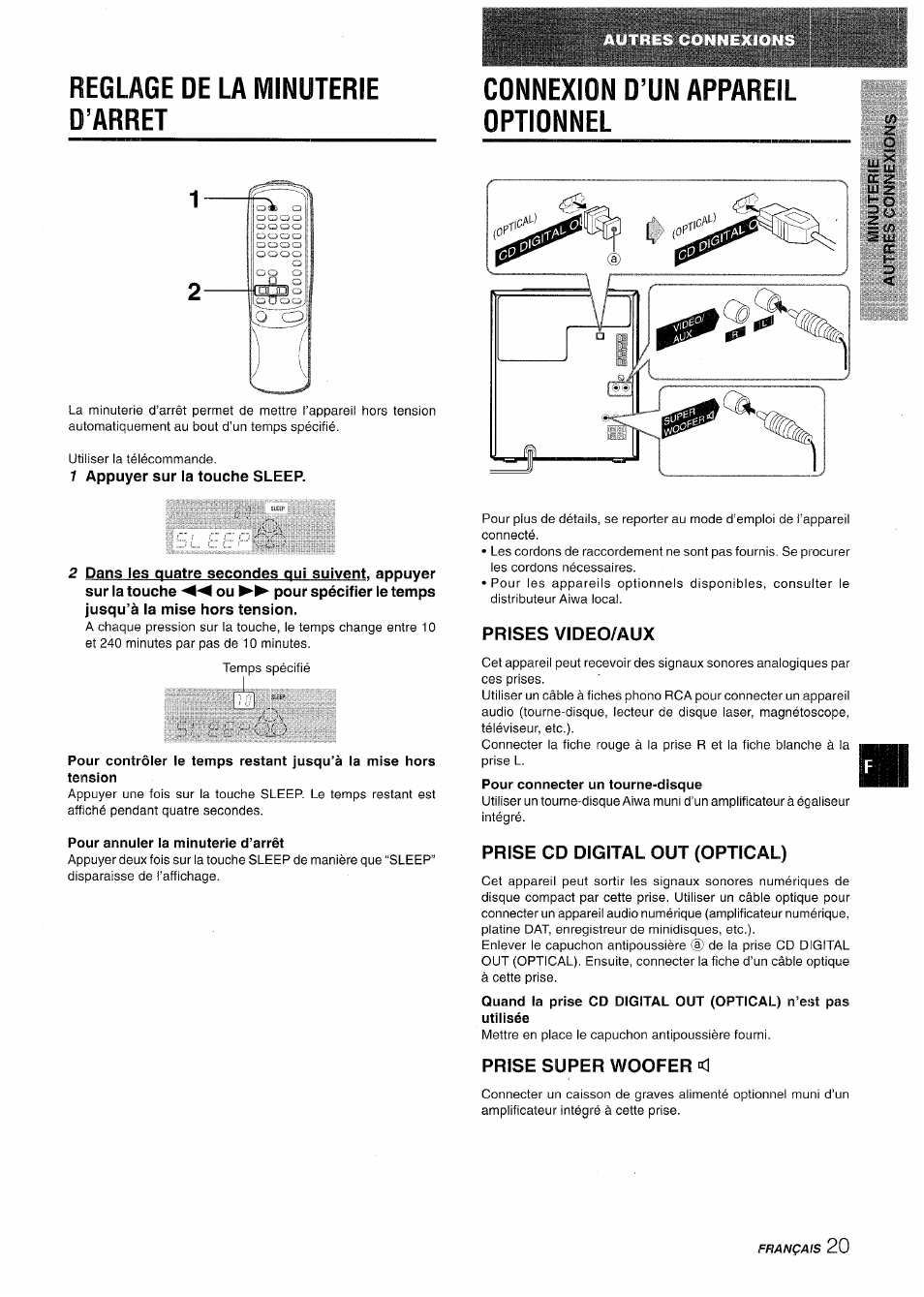 Reglage de la minuterie d’arret, Cdnnexidn d’un appareil optidnnel, 1 appuyer sur la touche sleep | Prises video/aux, Prise cd digital out (optical), Prise super woofer, Reglage de la minuterie, Connexion d’un appareil optionnel | Aiwa CX-NV8000 User Manual | Page 69 / 76