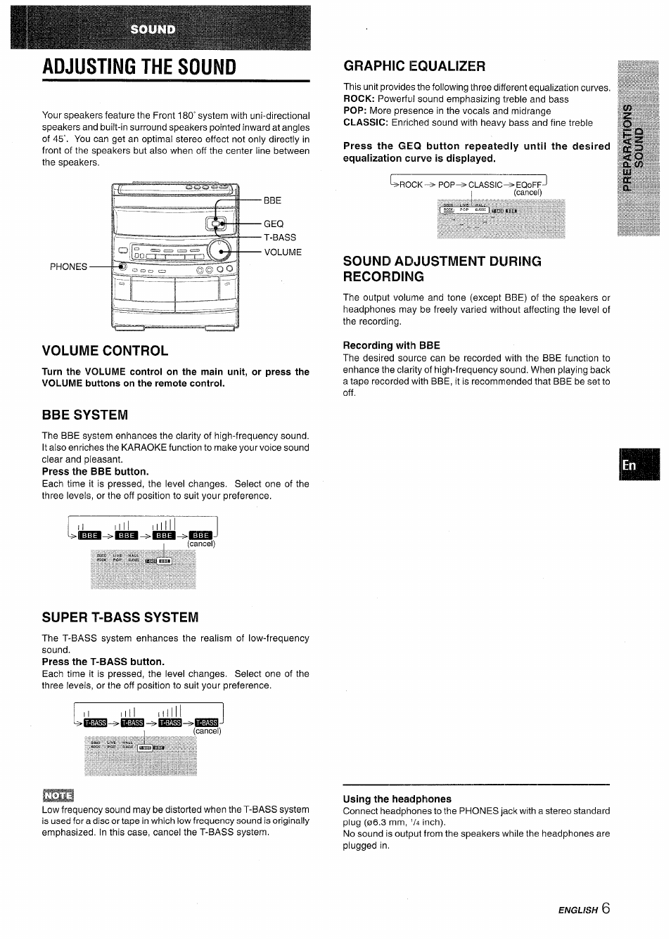 Volume control, Bbe system, Sound adjustment during recording | Recording with bbe, Super t-bass system, Using the headphones, Adjusting the sound, Pd ocg, Q. tr, uj o, Graphic equalizer | Aiwa CX-NV8000 User Manual | Page 7 / 76
