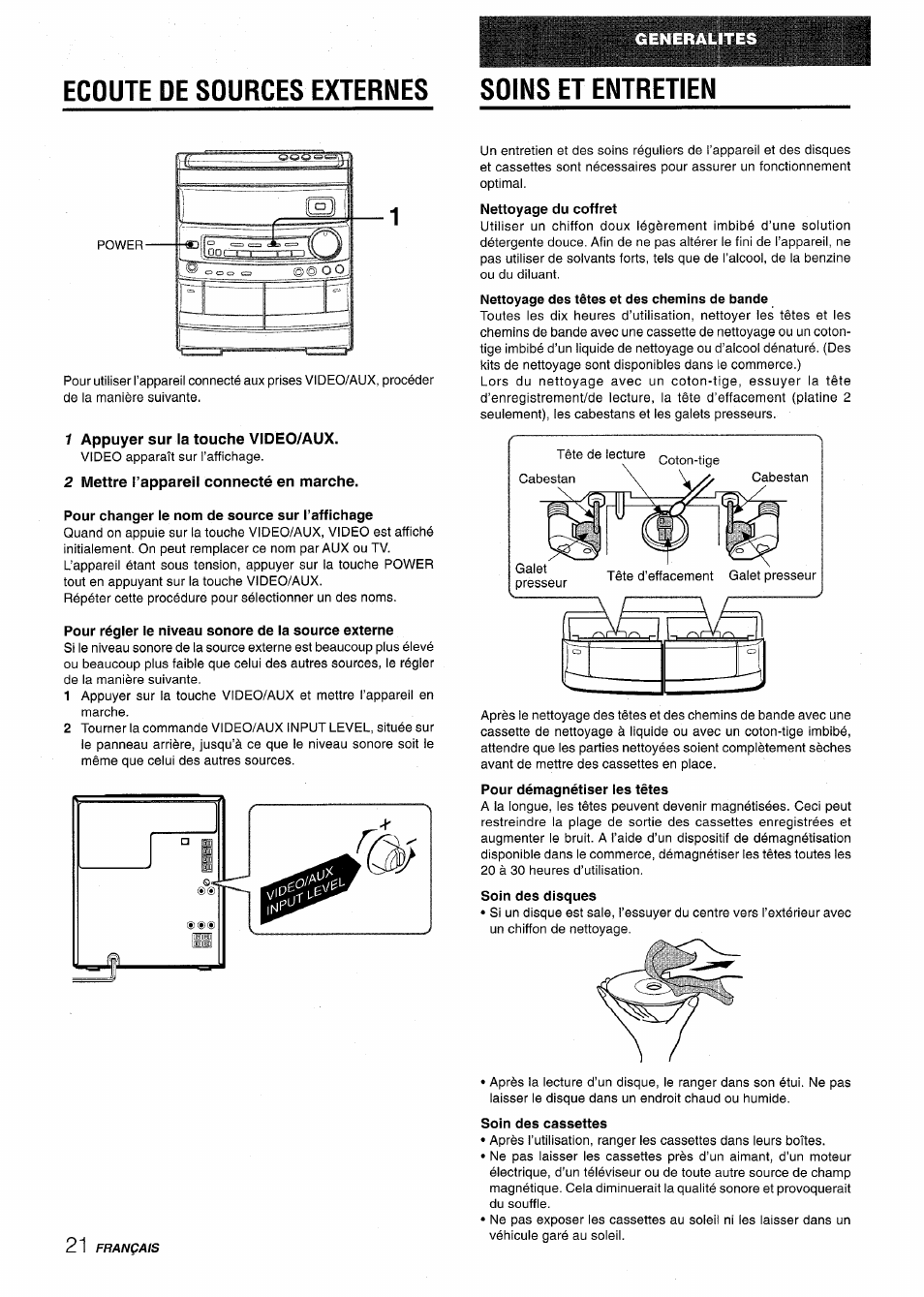 Ecoute de sources externes soins et entretien, 1 appuyer sur la touche video/aux, 2 mettre l’appareil connecté en marche | Pour changer le nom de source sur l’affichage, Pour régler le niveau sonore de la source externe, Soin des cassettes | Aiwa CX-NV8000 User Manual | Page 70 / 76
