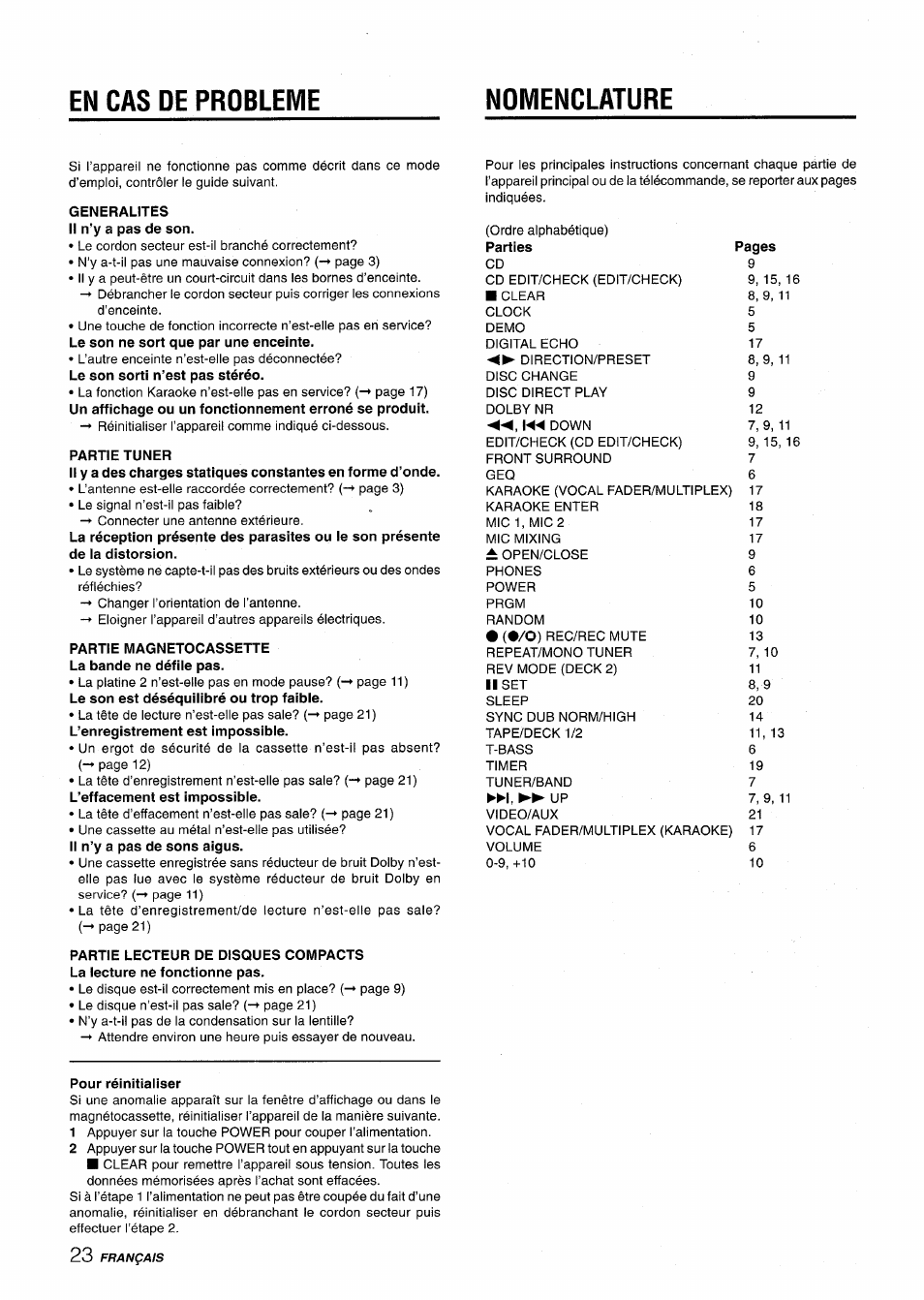 En cas de probleme, Generalites il n’y a pas de son, Partie tuner | Partie magnetocassette la bande ne défile pas, Pour réinitialiser, En cas de probleme nomenclature | Aiwa CX-NV8000 User Manual | Page 72 / 76