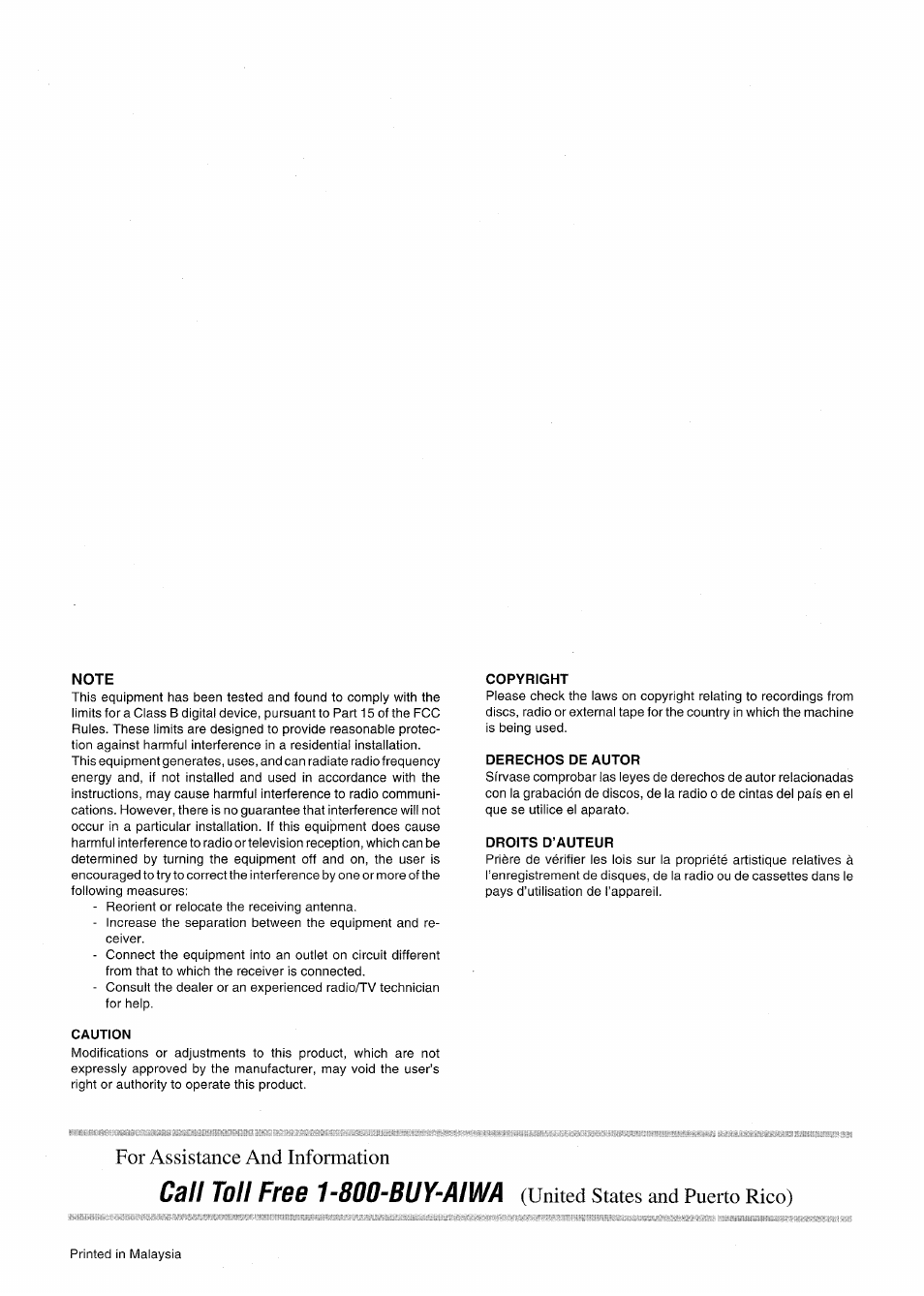Note, Copyright, Derechos de autor | Droits d’auteur, For assistance and information, United states and puerto rico), Call toll free 1-800-buy-aiwa | Aiwa CX-NV8000 User Manual | Page 76 / 76
