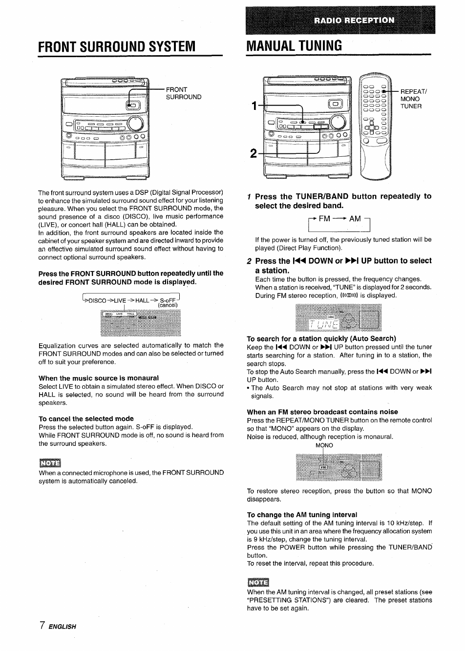 Front surround system, When the music source is monaural, To cancel the selected mode | Press the down or up button to select a station, To search for a station quickly (auto search), When an fm stereo broadcast contains noise, To change the am tuning interval, Manual tuning, Rvoiu), Ilbe | Aiwa CX-NV8000 User Manual | Page 8 / 76