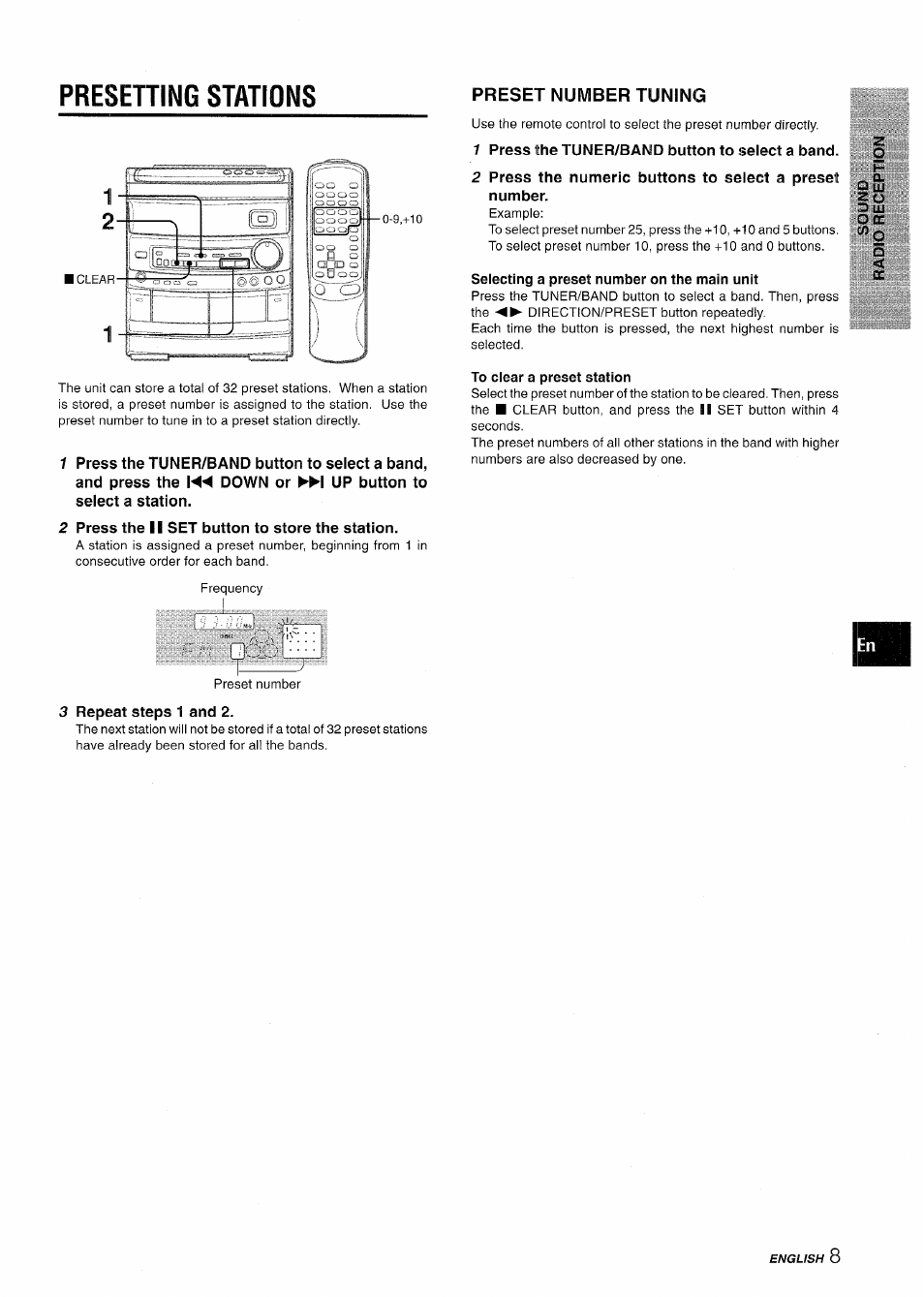2 press the ii set button to store the station, 7 press the tuner/band button to select a band, Selecting a preset number on the main unit | To clear a preset station, 3 repeat steps 1 and 2, Presening stations, Oo o ao qqj, Q uj zo, Preset number tuning | Aiwa CX-NV8000 User Manual | Page 9 / 76