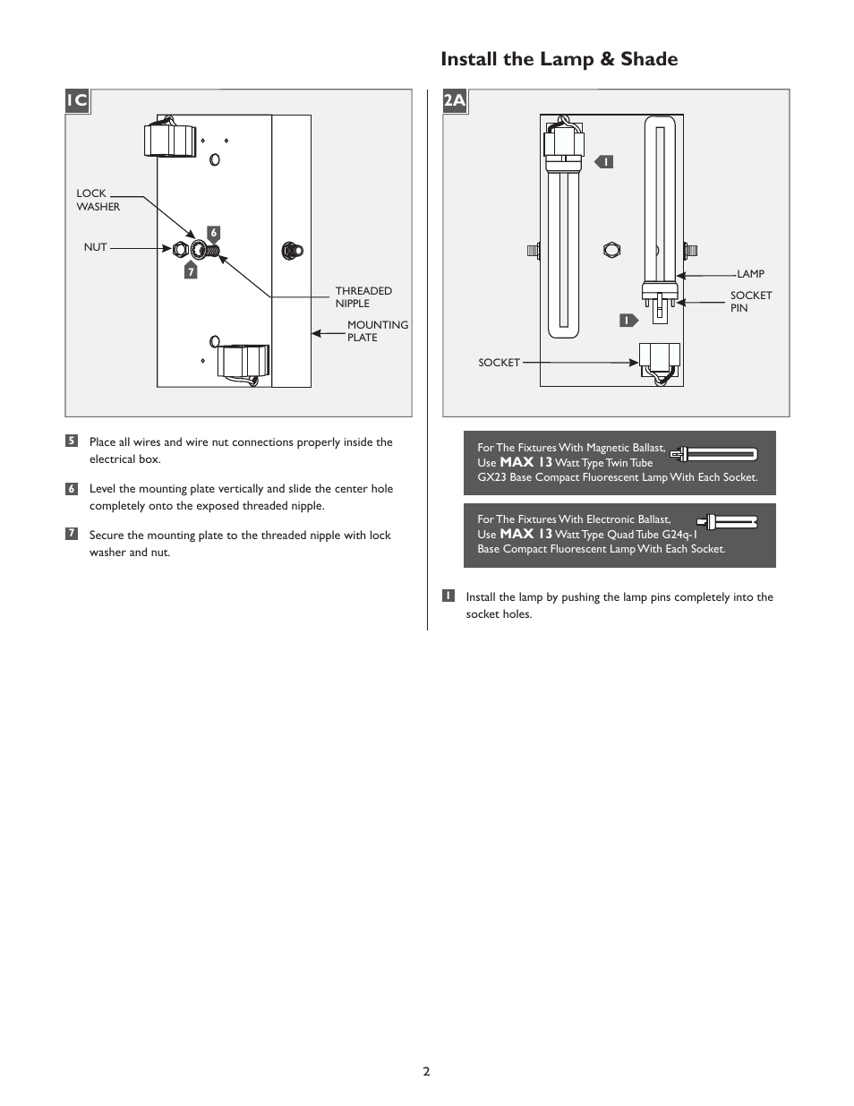 Install the lamp & shade, 1c 2a | LBL Lighting Presidio WCF3 User Manual | Page 2 / 4