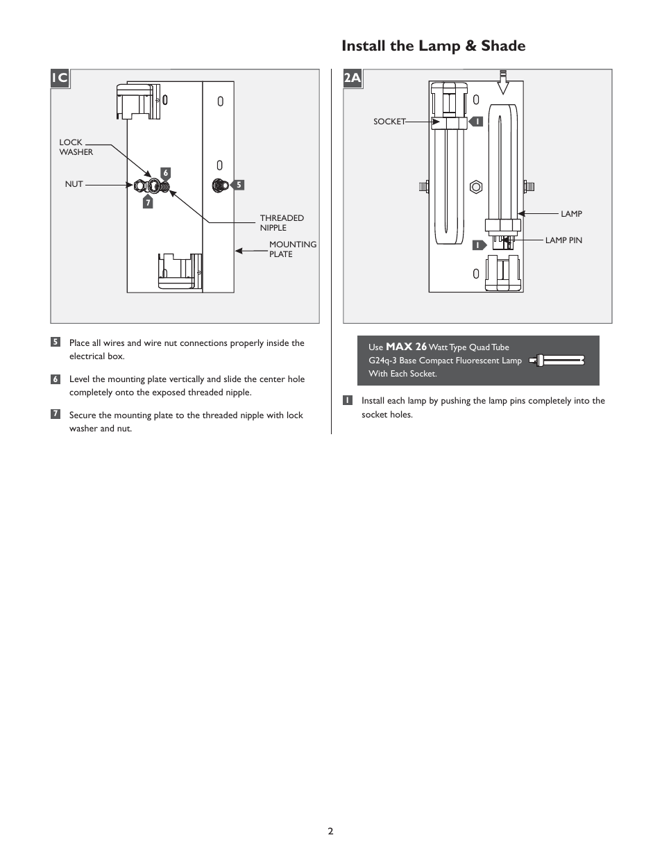 Install the lamp & shade, 1c 2a | LBL Lighting Presidio WCF6 User Manual | Page 2 / 4