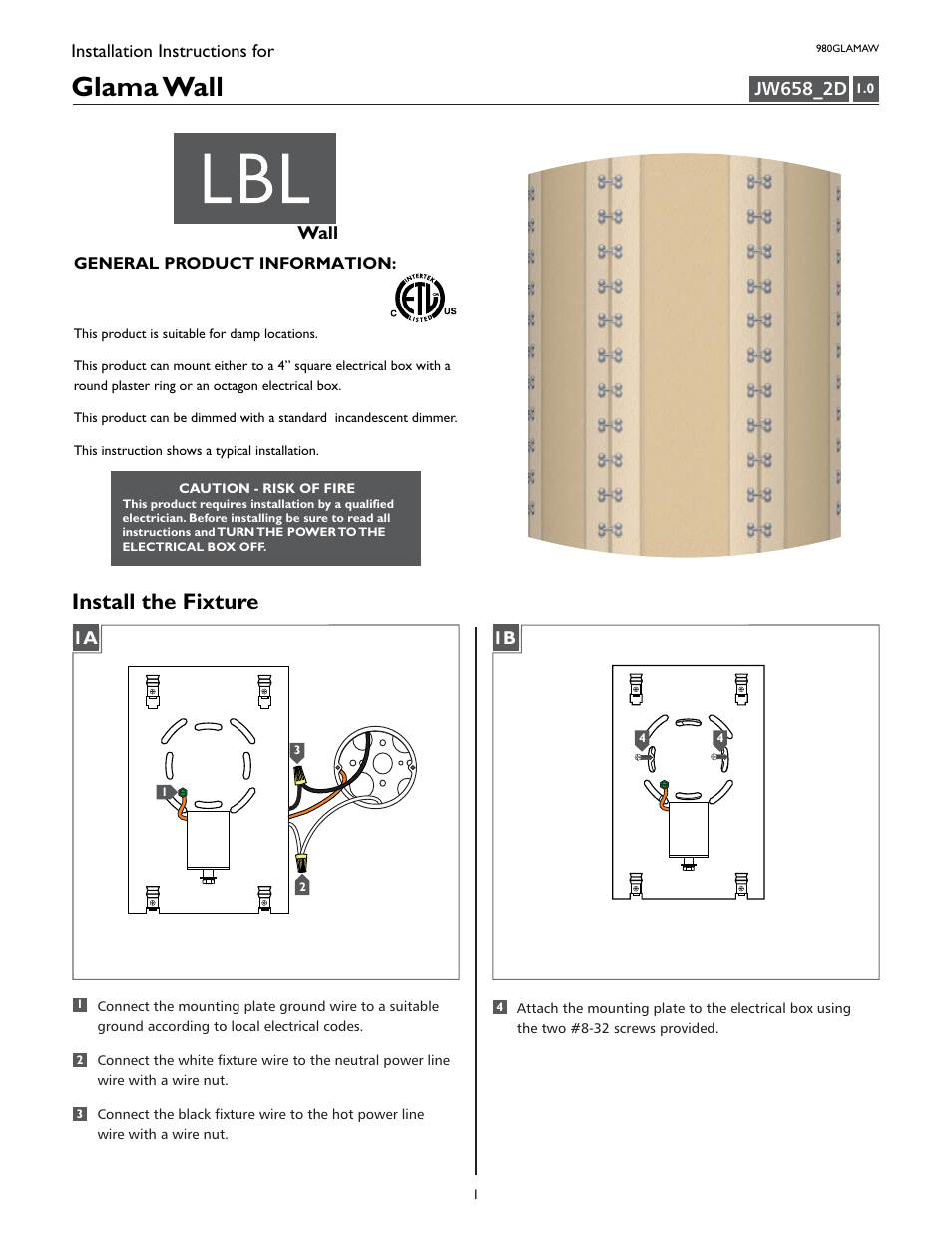 LBL Lighting Glama W User Manual | 2 pages