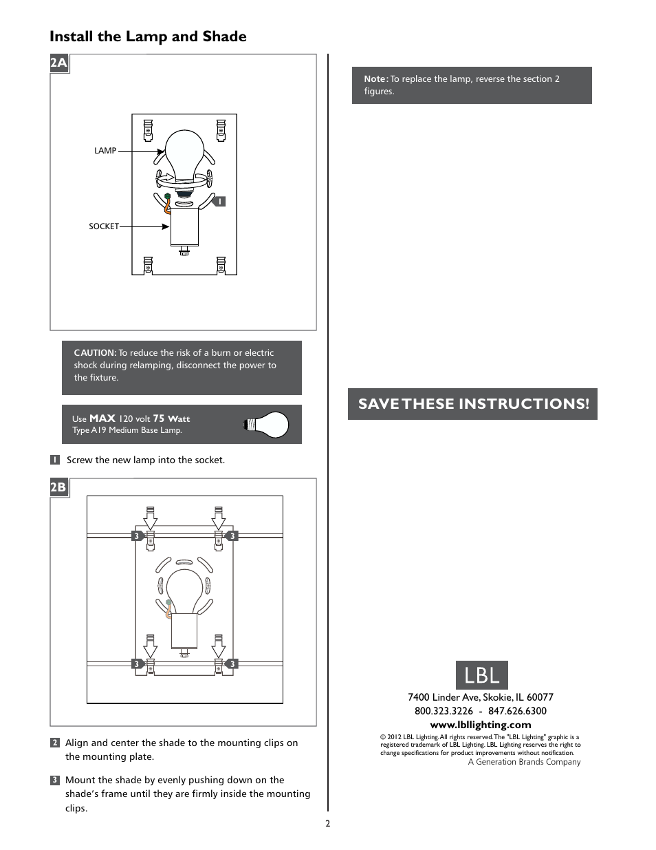 Install the lamp and shade, Save these instructions | LBL Lighting Glama W User Manual | Page 2 / 2