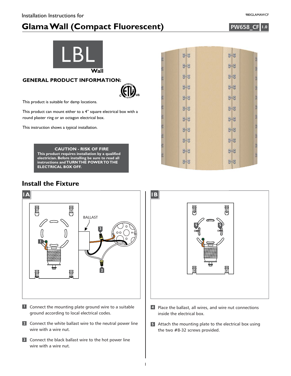 LBL Lighting Glama WCF User Manual | 2 pages