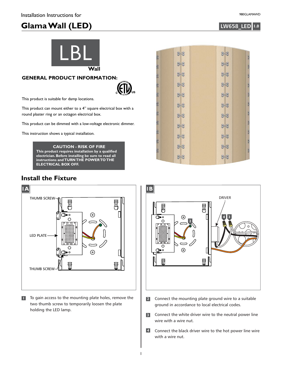 LBL Lighting Glama WD User Manual | 2 pages