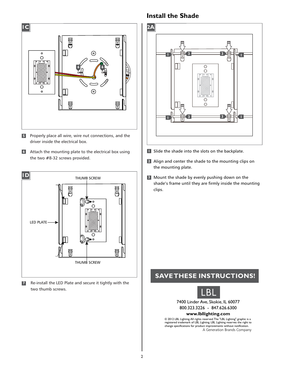 Install the shade, Save these instructions | LBL Lighting Glama WD User Manual | Page 2 / 2