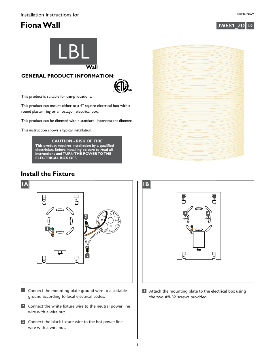 LBL Lighting Fiona W User Manual | 2 pages