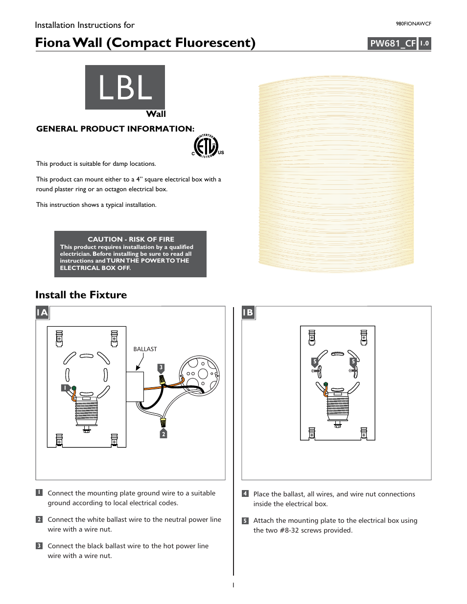 LBL Lighting Fiona WCF User Manual | 2 pages