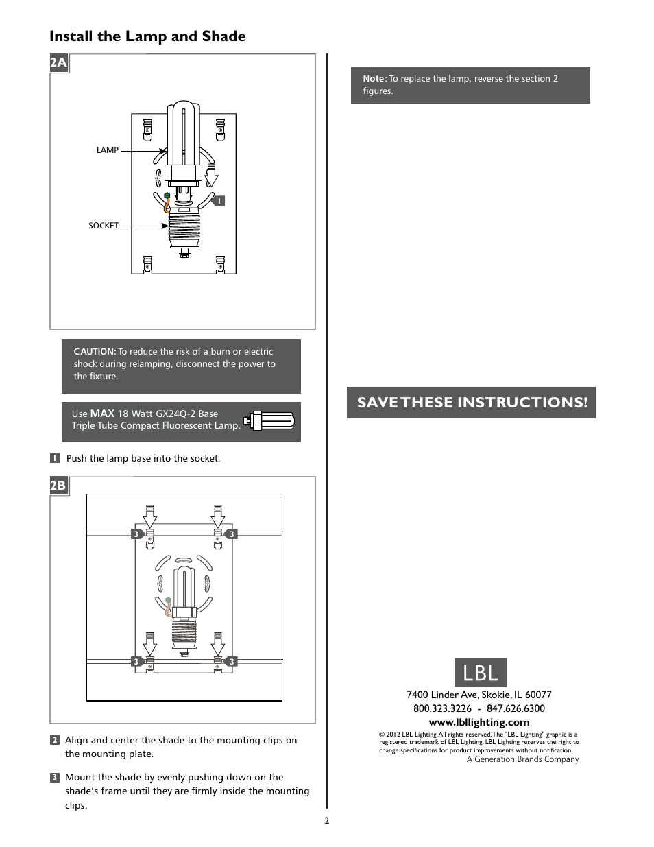 Install the lamp and shade, Save these instructions | LBL Lighting Fiona WCF User Manual | Page 2 / 2