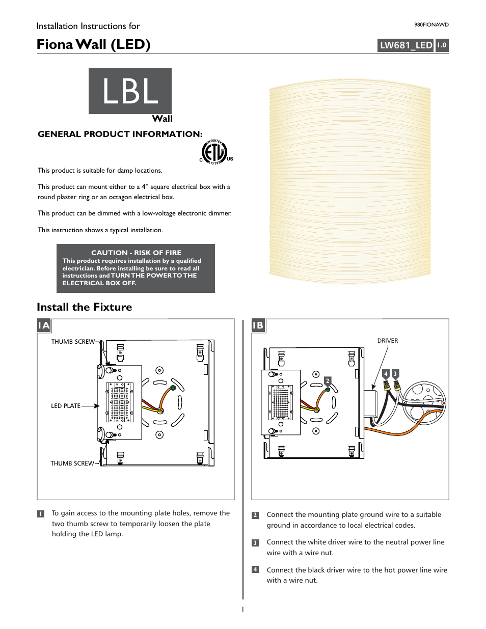 LBL Lighting Fiona WD User Manual | 2 pages