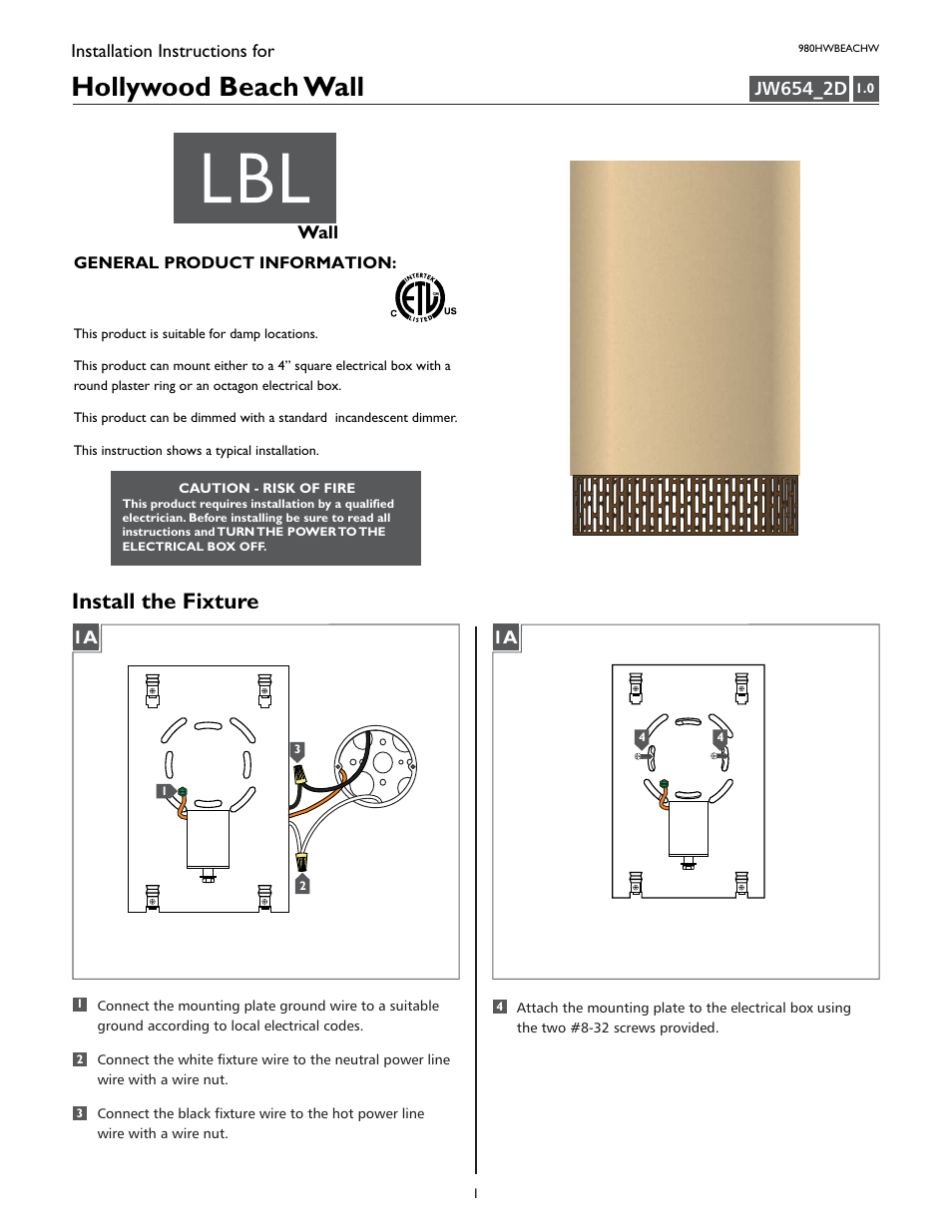 LBL Lighting Hollywood Beach W User Manual | 2 pages