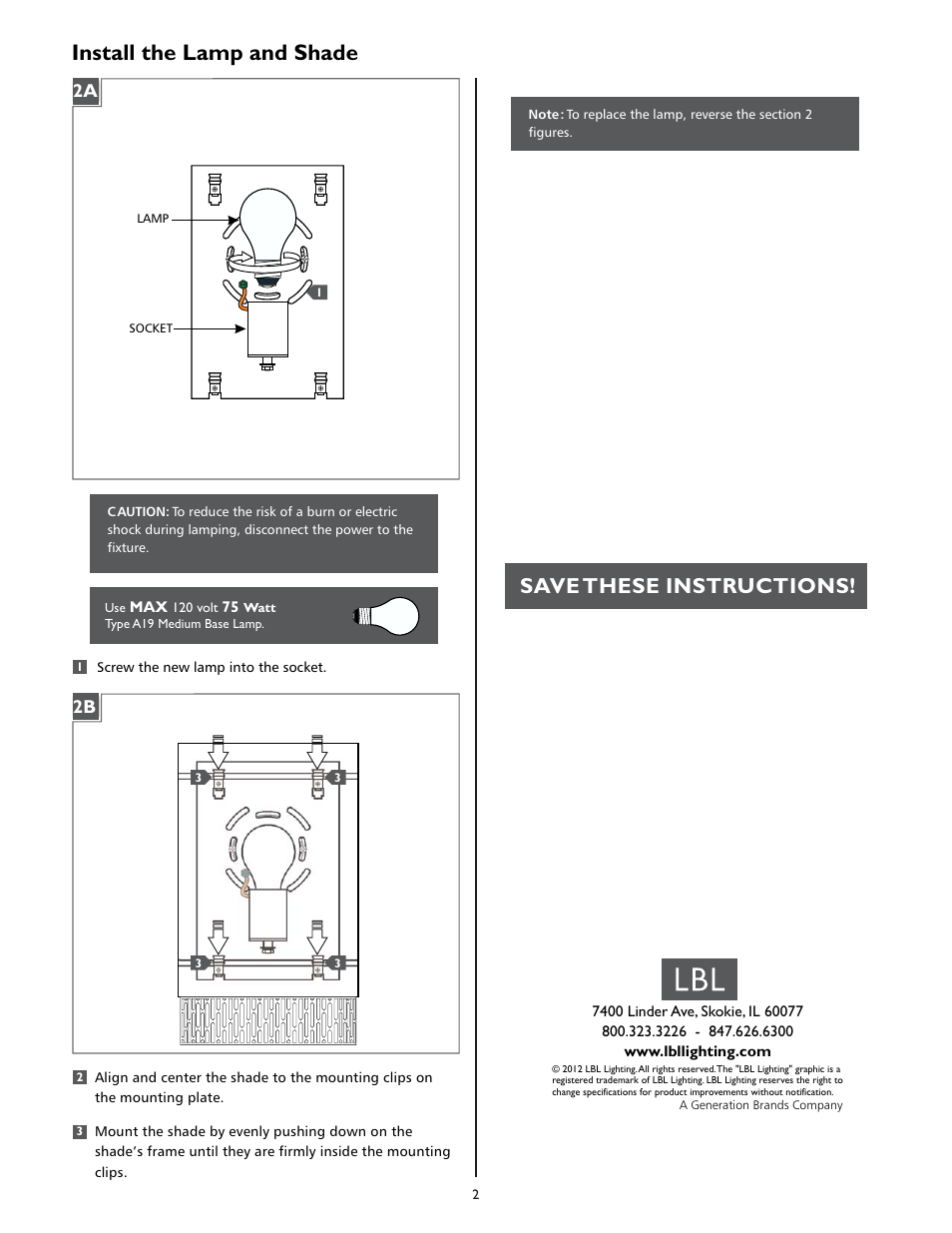 Install the lamp and shade, Save these instructions | LBL Lighting Hollywood Beach W User Manual | Page 2 / 2