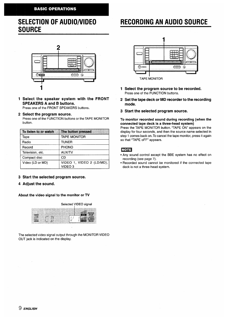 Selection of audio/video source, Recording an audio source, 2 select the program source | 1 select the program source to be recorded, 3 start the selected program source, Note, 4 adjust the sound, About the video signal to the monitor or tv | Aiwa AV-X200 User Manual | Page 10 / 56