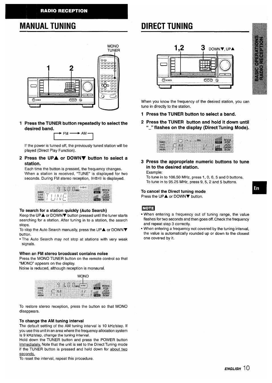 Manual tuning, Press the upa or downt button to select a station, Direct tuning | 1 press the tuner button to select a band, 2 press the tuner button and hold it down until, Flashes on the display (direct tuning mode), To cancel the direct tuning mode, To search for a station quickiy (auto search), When an fm stereo broadcast contains noise, To change the am tuning intervai | Aiwa AV-X200 User Manual | Page 11 / 56