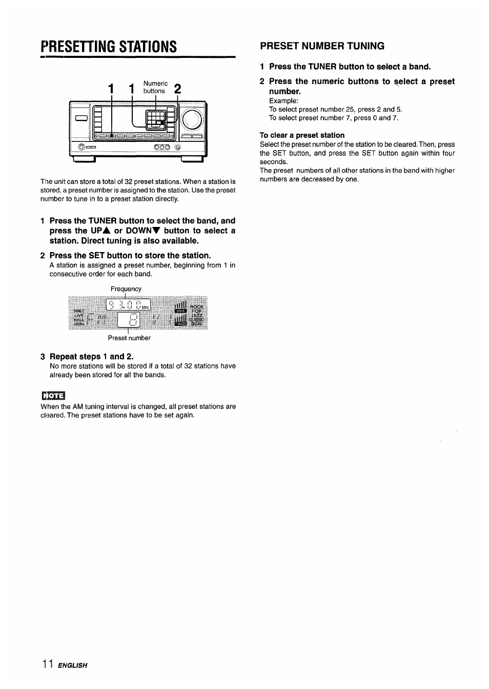 Presening stations, Preset number tuning, 1 press the tuner button to select a band | 2 press the set button to store the station, 3 repeat steps 1 and 2, Presetting stations | Aiwa AV-X200 User Manual | Page 12 / 56