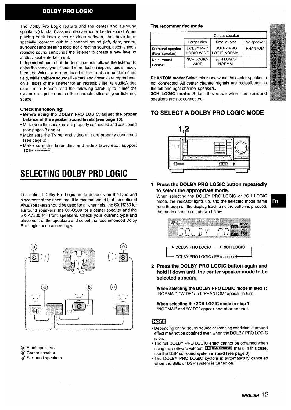 Check the following, Selecting dolby pro logic, To select a dolby pro logic mode | When selecting the dolby pro logic mode in step 1, When selecting the 3ch logic mode in step 1 | Aiwa AV-X200 User Manual | Page 13 / 56