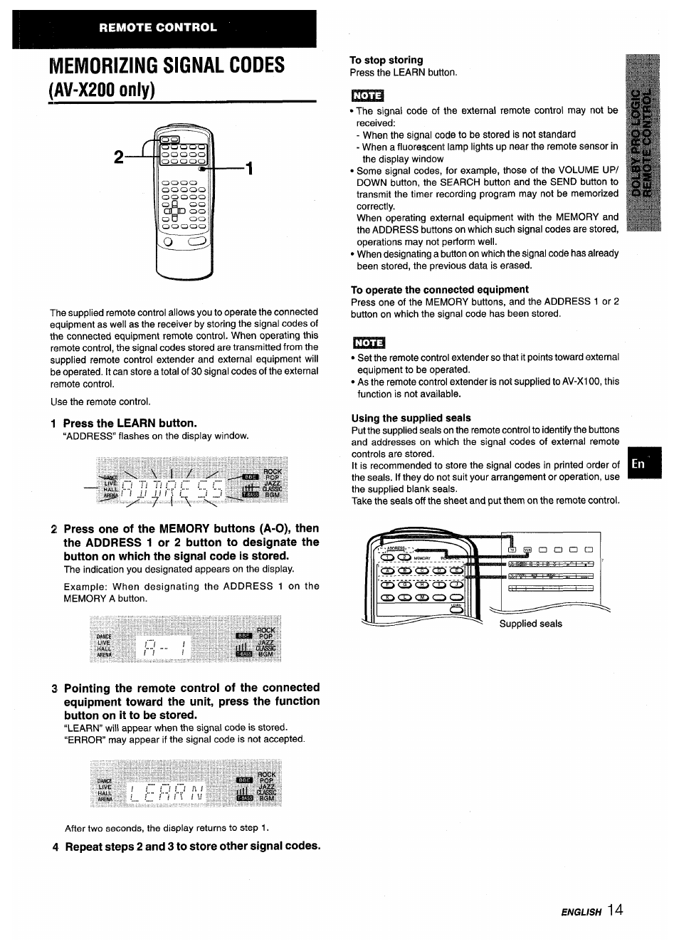 Memorizing signal codes (av-x200 only), 1 press the learn button, 4 repeat steps 2 and 3 to store other signal codes | Av-x200 only) | Aiwa AV-X200 User Manual | Page 15 / 56