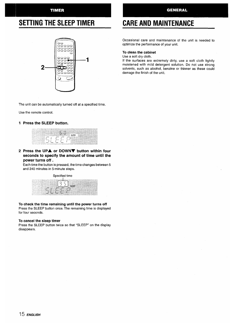 Sening the sleep timer, Care and maintenance, 1 press the sleep button | Setting the sleep timer, Sening the sleep timer care and maintenance | Aiwa AV-X200 User Manual | Page 16 / 56