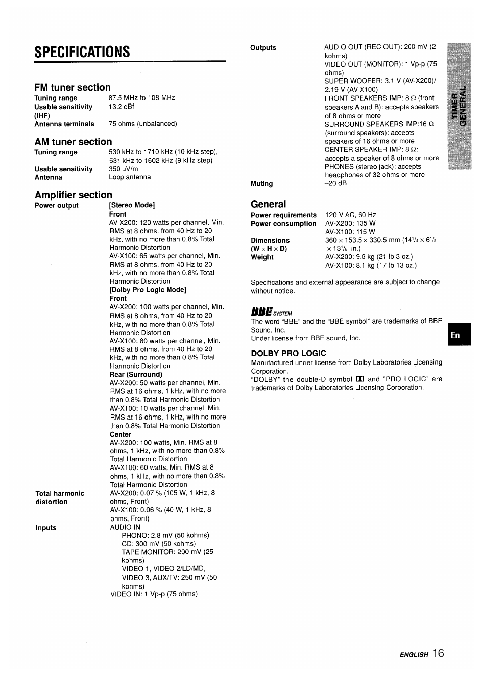 Specifications, Fm tuner section, Imf) | Am tuner section, Amplifier section, Dolby pro logic, General | Aiwa AV-X200 User Manual | Page 17 / 56