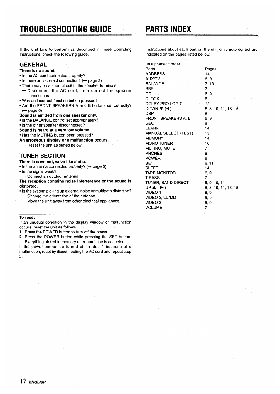 General, Tuner section, Troubleshooting guide parts index | Aiwa AV-X200 User Manual | Page 18 / 56